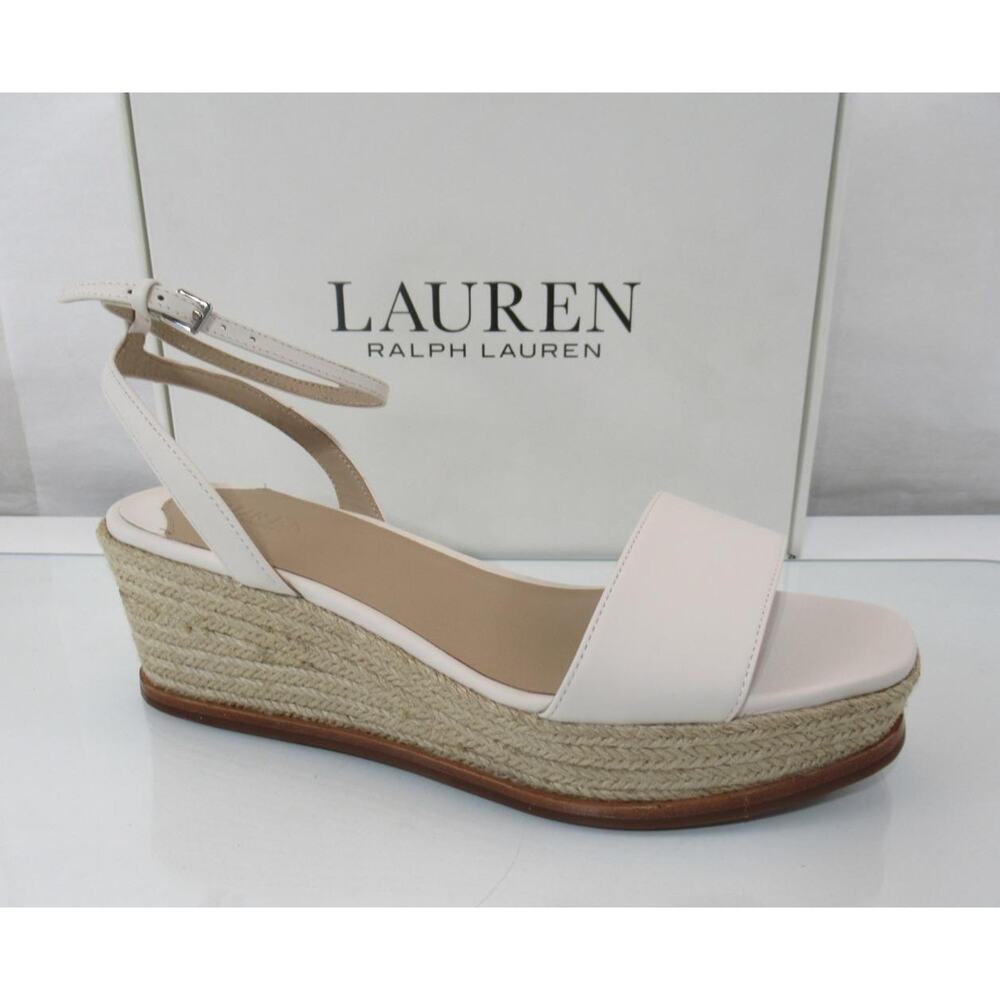 Ralph Lauren Size 7.5 Leona Espadrille Platform Wedge Sandals Leather White